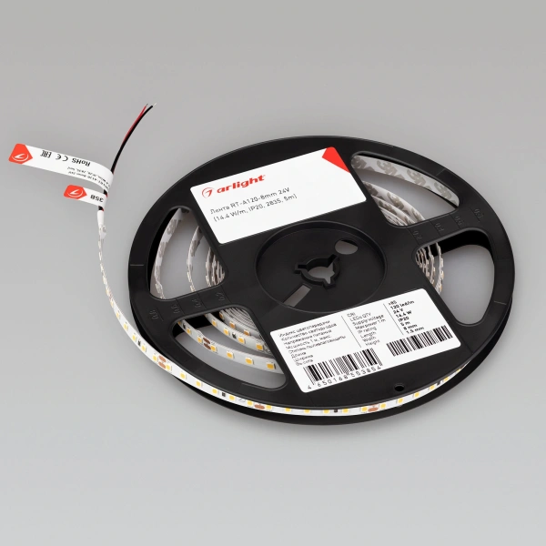 Светодиодная Лента RT-A120-8mm 24V Warm2400 (14.4 W/m, IP20, 2835, 5m) (Arlight, Открытый)