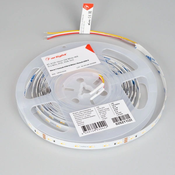 Светодиодная Лента RT-A120-10mm 24V White-MIX (9.6 W/m, IP20, 3528, 5m) (Arlight, Изменяемая ЦТ)