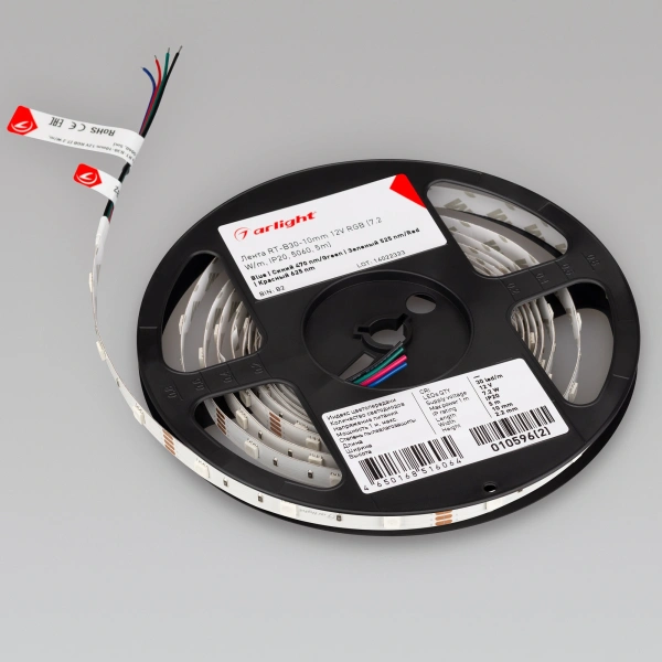 Светодиодная Лента RT-B30-10mm 12V RGB (7.2 W/m, IP20, 5060, 5m) (Arlight, Открытый)