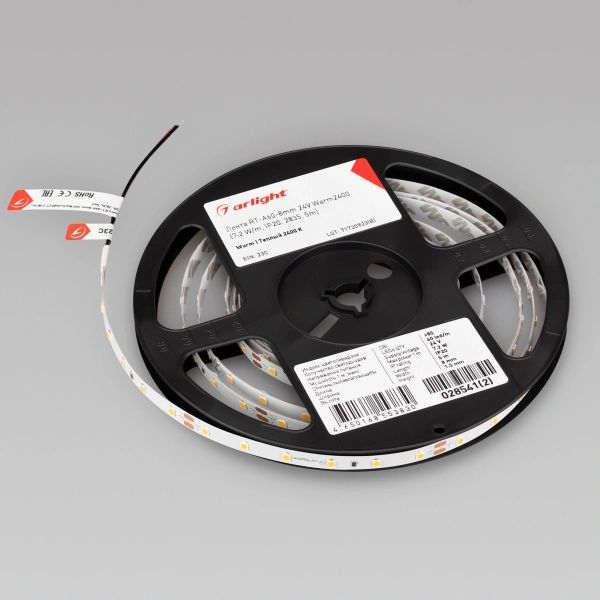 Светодиодная Лента RT-A60-8mm 24V Warm2400 (7.2 W/m, IP20, 2835, 5m) (Arlight, Открытый)