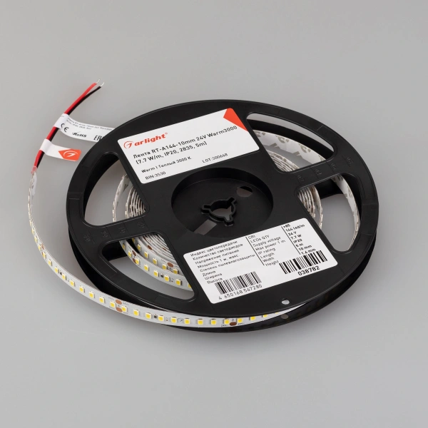 Светодиодная Лента RT-A144-10mm 24V Warm3000 (7.7 W/m, IP20, 2835, 5m) (Arlight, высок.эфф.200 лм/Вт)