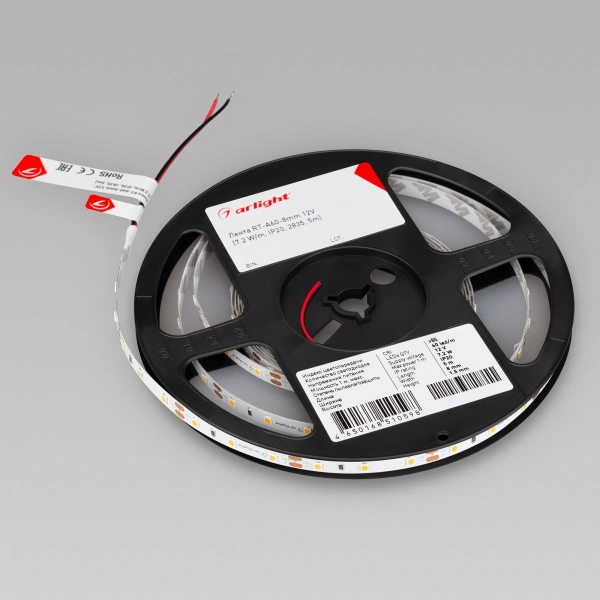 Светодиодная Лента RT-A60-8mm 12V Warm2700 (7.2 W/m, IP20, 2835, 5m) (Arlight, Открытый)