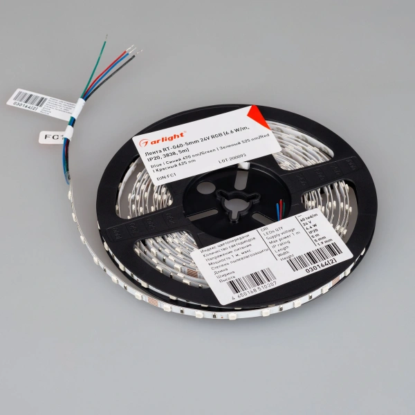 Светодиодная Лента RT-G60-5mm 24V RGB (6.6 W/m, IP20, 3838, 5m) (Arlight, узкая)