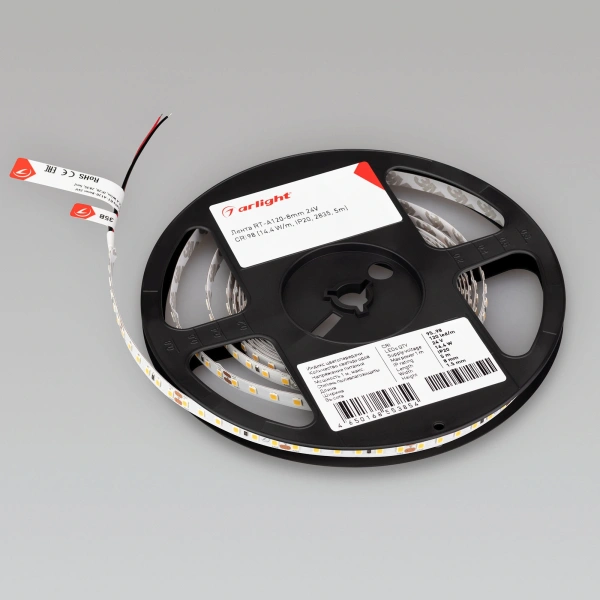 Светодиодная лента Лента RT-A120-8mm 24V Day4000 CRI98 (14.4 W/m, IP20, 2835, 5m) (Arlight, Открытый)