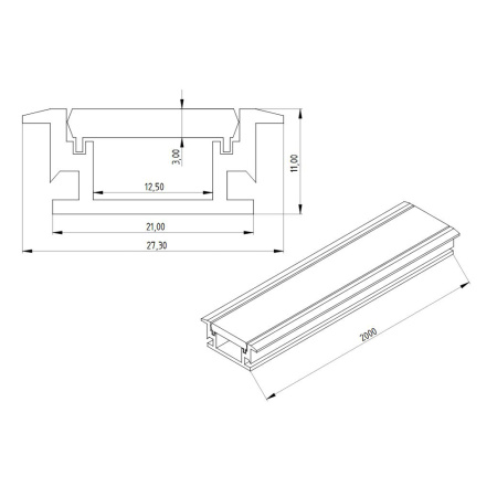 Алюминиевый профиль встраиваемый 783 (2000x27.3/21x11мм с ударопрочным рассеивателем)