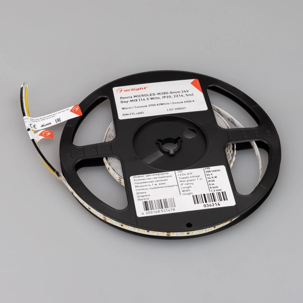 Светодиодная Лента MICROLED-M280-8mm 24V Day-MIX (16.5 W/m, IP20, 2216, 5m) (Arlight, Изменяемая ЦТ)