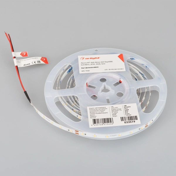 Светодиодная Лента NT-A60-8mm 24V Day4000 (4.8 W/m, IP20, 3528, 5m) (Arlight, Открытый)