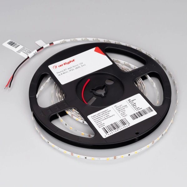 Светодиодная Лента RT-A60-5mm 12V Cool 15K (4.8 W/m, IP20, 2835, 5m) (Arlight, 4.8 Вт/м, IP20)