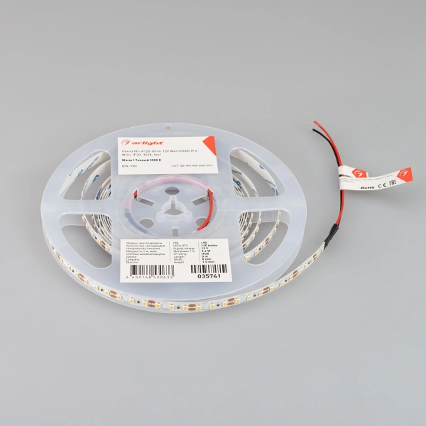 Светодиодная Лента NT-A120-8mm 12V Warm3000 (9.6 W/m, IP20, 3528, 5m) (Arlight, 9.6 Вт/м, IP20)