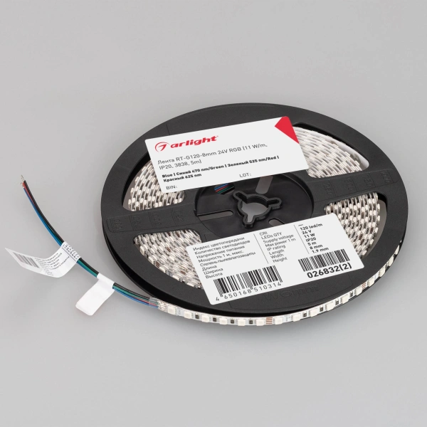 Светодиодная Лента RT-G120-8mm 24V RGB (11 W/m, IP20, 3838, 5m) (Arlight, Открытый)