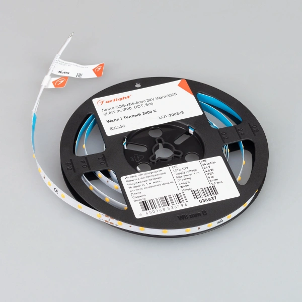 Светодиодная Лента COB-X64-8mm 24V Warm3000 (4.8 W/m, IP20, DOT, 5m) (Arlight, Открытый)