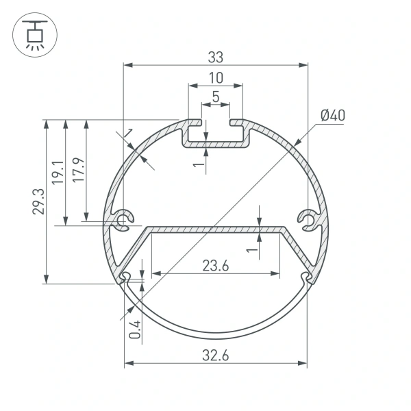 Профиль с экраном SL-ROUND-D40-2500 ANOD+OPAL (Arlight, Алюминий)