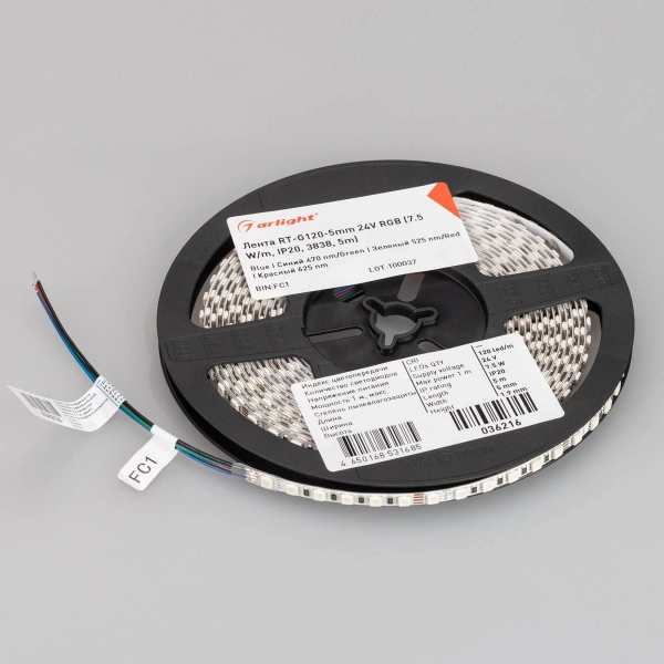 Светодиодная Лента RT-G120-5mm 24V RGB (7.5 W/m, IP20, 3838, 5m) (Arlight, узкая)