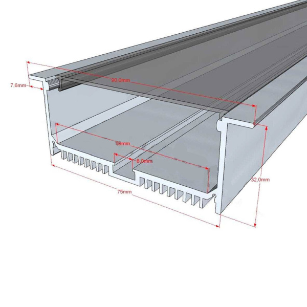 Алюминиевый профиль врезной CX-A047-R1 200 (2000x90/75x32мм с рассеивателем)